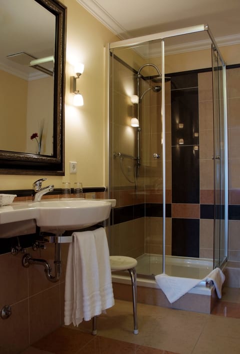 Shower, free toiletries, hair dryer, towels