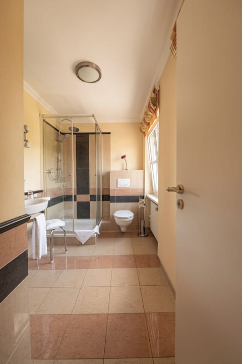 Shower, free toiletries, hair dryer, towels