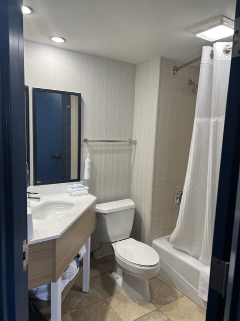 Combined shower/tub, free toiletries, hair dryer, towels