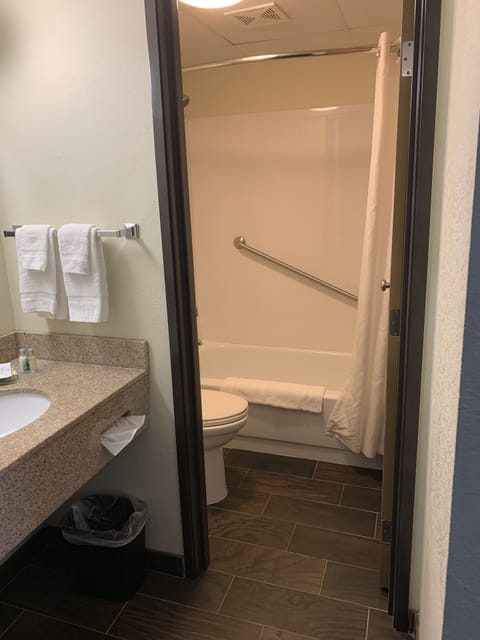 Combined shower/tub, free toiletries, hair dryer, towels