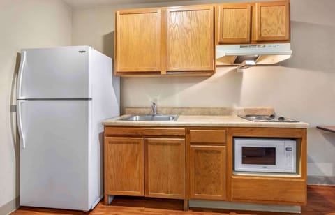Full-size fridge, microwave, stovetop, freezer