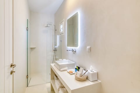 Double or Twin Room, Partial Sea View (Serifos) | Bathroom | Shower, designer toiletries, hair dryer, bathrobes