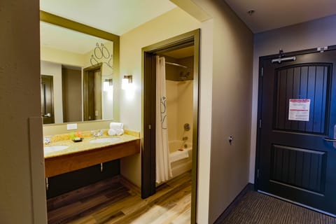 Combined shower/tub, hair dryer, towels