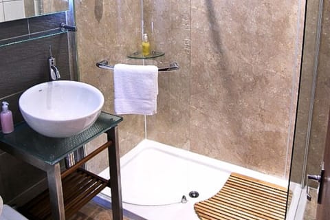 Designer toiletries, hair dryer, towels