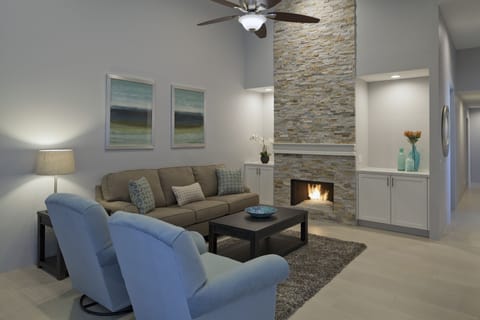 Living Room with stacked stone fireplace