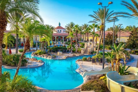 2.5 acre resort pool oasis with slide, lazy river, and pools