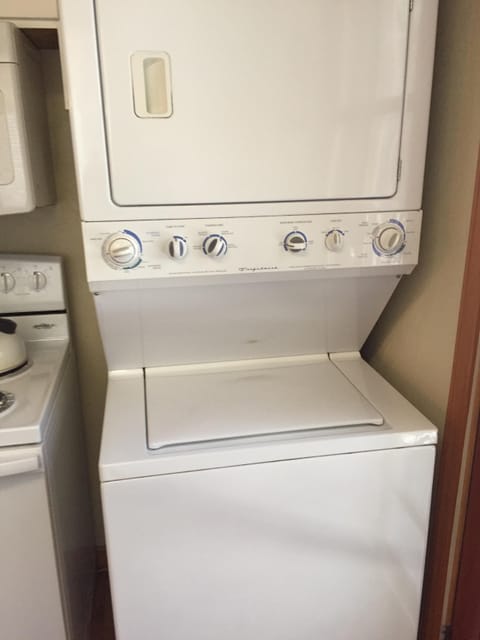Stacked washer and dryer for your convenience.
