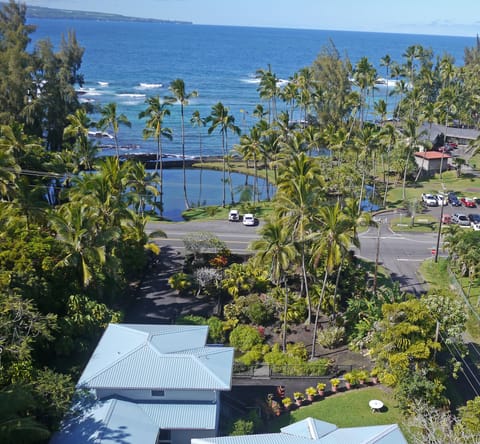 Aerial view overlooking private yard and beach park.