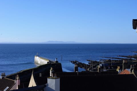 View from balcony towards harbour and Pentland hills across the Forth.