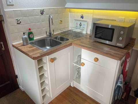 Fully equipped kitchen right side with microwave, blender, glasses