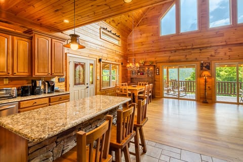 Plenty of seating on the kitchen island or rustic dining room table.