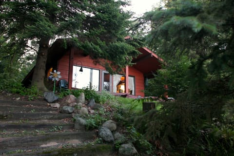 the railroad tie stairway up to the house from the dock