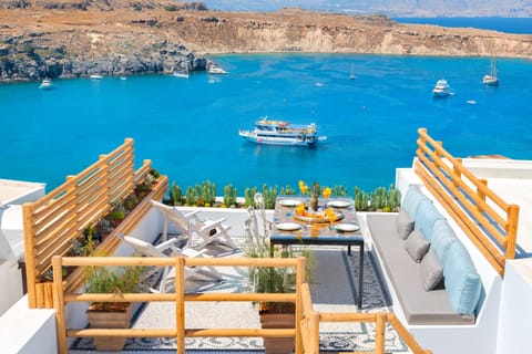 Panoramic sea view of Lindos main harbor from the roof terrace!!!
