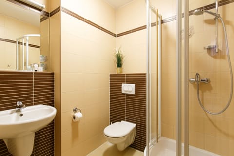 Shower, eco-friendly toiletries, hair dryer, towels