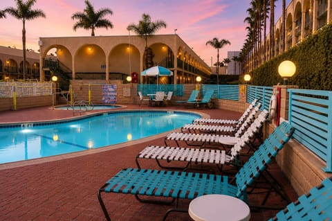 Outdoor pool, a heated pool, sun loungers