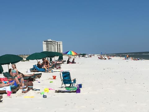 Sugar white sand w/plenty of room for fun in the sun.  2 loungers/umbrella incl.