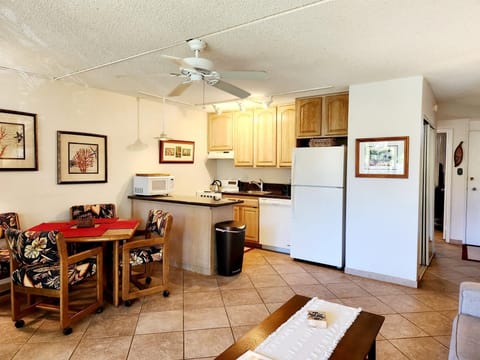 Kitchen has coffee maker, toaster, blender, pots/pans, ice maker, dishes, etc.
