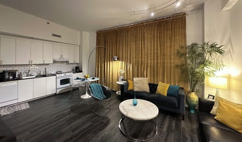 Recently added champagne velvet drapes for optional lighting preferences.