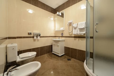 Shower, free toiletries, hair dryer, bidet