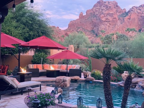 Poolside view.  Firepit & oversized hot tub.  Beats local 5-star resorts