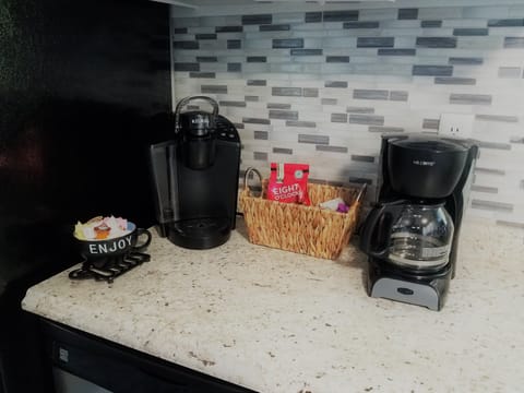 Coffee Bar with 12 cup coffee pot and Keurig single cup. 