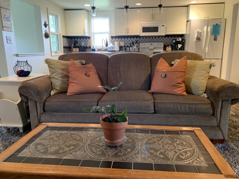 Living room overlooking the eat-in kitchen and cottage main living space.
