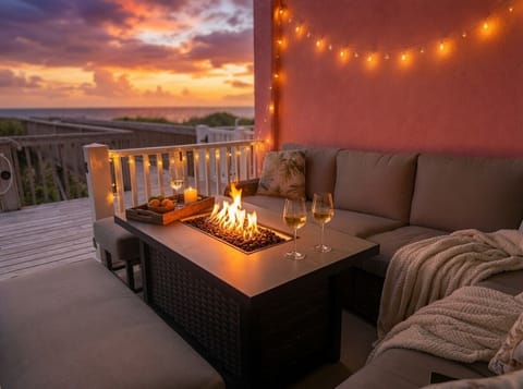 Evening fire pit by the ocean.  Newly added sectional with fire table