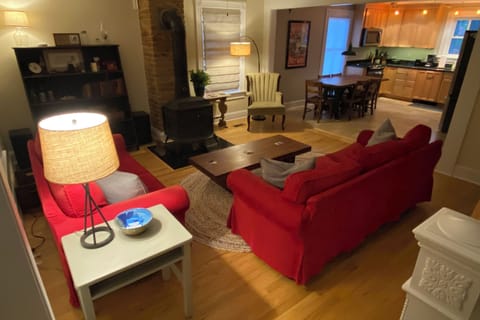 Living room with view into kitchen 