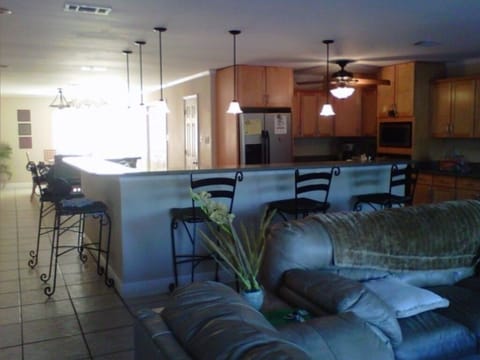 Kitchen open to dining and living area