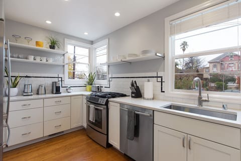 Bright open full service kitchen.