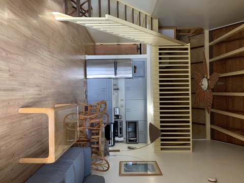 Kitchen, living room, and loft area