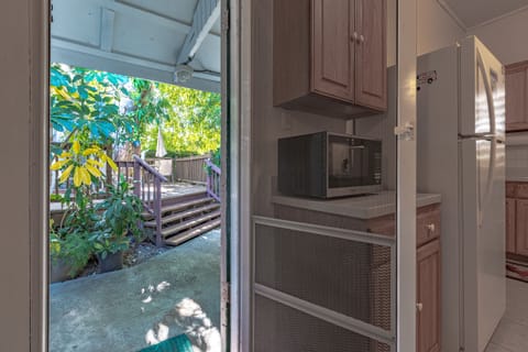 Fenced backyard with deck and historic tree.