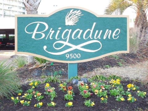 Main entrance sign of Brigadune. Grounds are beautiully landscaped year round.