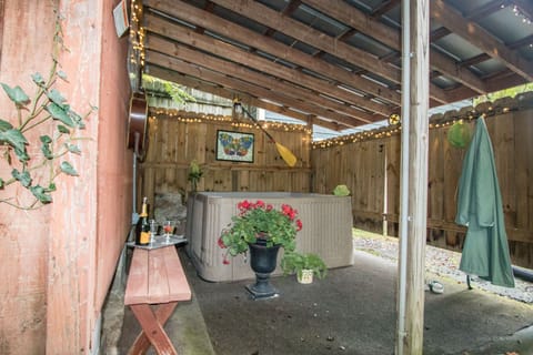 Outdoor hot tub.  Our most requested amenity, private and steps out back door. 