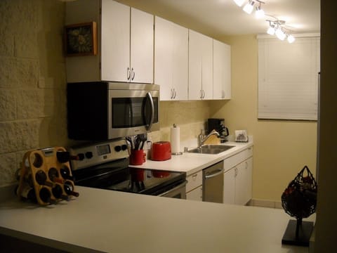 The fully furnished kitchen with all new stainless appliances