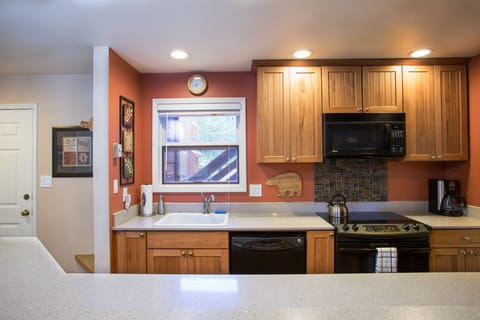 Quartz countertops, new cabinets and new appliances.