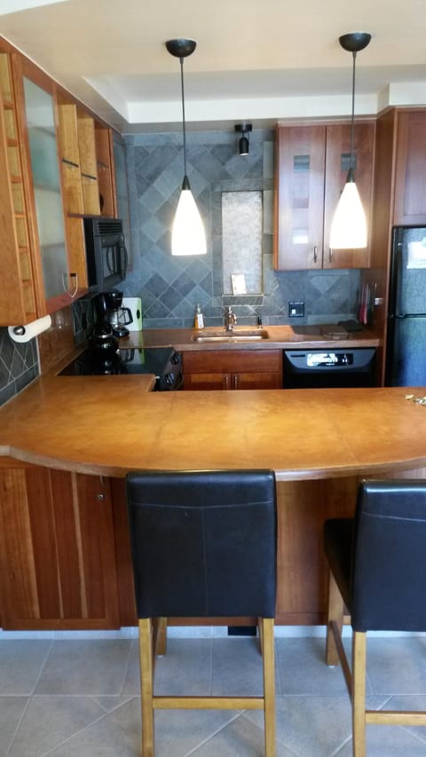 Stained concrete counters and incredible detailed tiled back splash and walls...