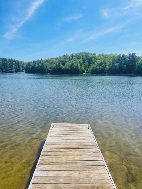 Private dock public launch across from the cabin and sandy beach .