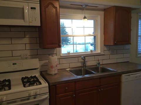 Kitchen, looking out the window toward the lake and back yard