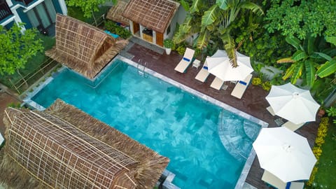Outdoor pool, pool umbrellas, sun loungers