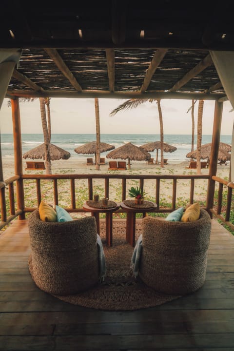 On the beach, sun loungers, beach umbrellas, beach towels