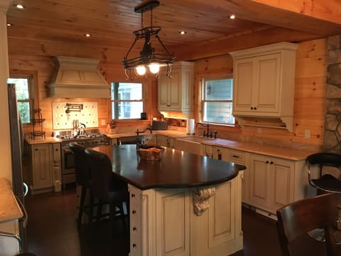 Gourmet Kitchen, Stone tops and farmer's sink, Island with prep sink, maple top