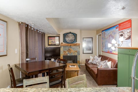 View from kitchen into living and dining area