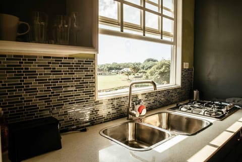 Full-size fridge, microwave, stovetop, electric kettle