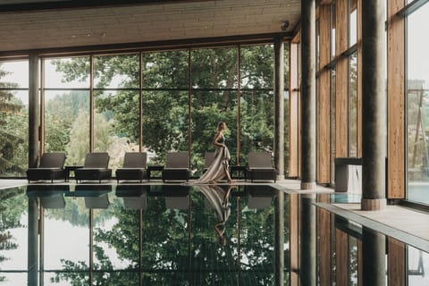 Indoor pool, outdoor pool, pool umbrellas, sun loungers