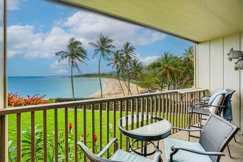 Lanai with a oceanfront view