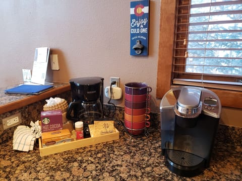 Standard coffee maker and Keurig with a few essentials.