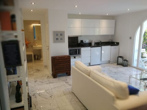 garden level salon, american kitchen & bathroom.