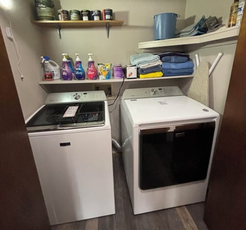 Laundry machine and dryer with supplies.