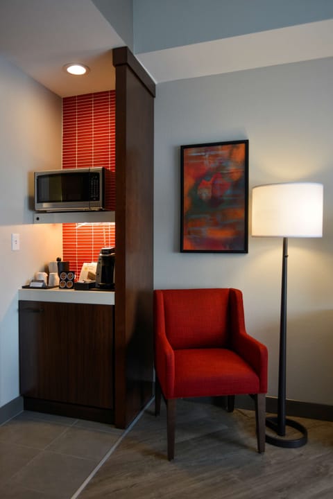 Desk, laptop workspace, blackout drapes, iron/ironing board